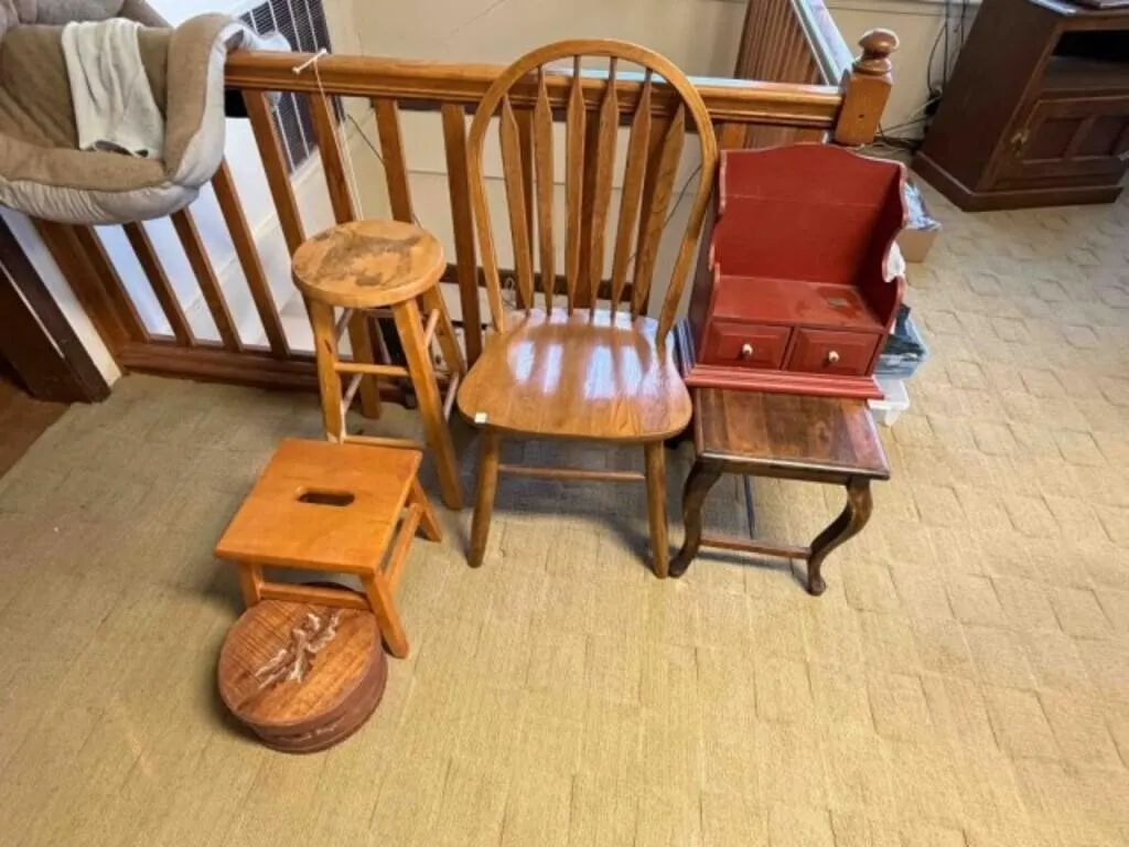 WOODEN CHAIR, STOOLS, WALL MOUNT, SMALL END TABLE