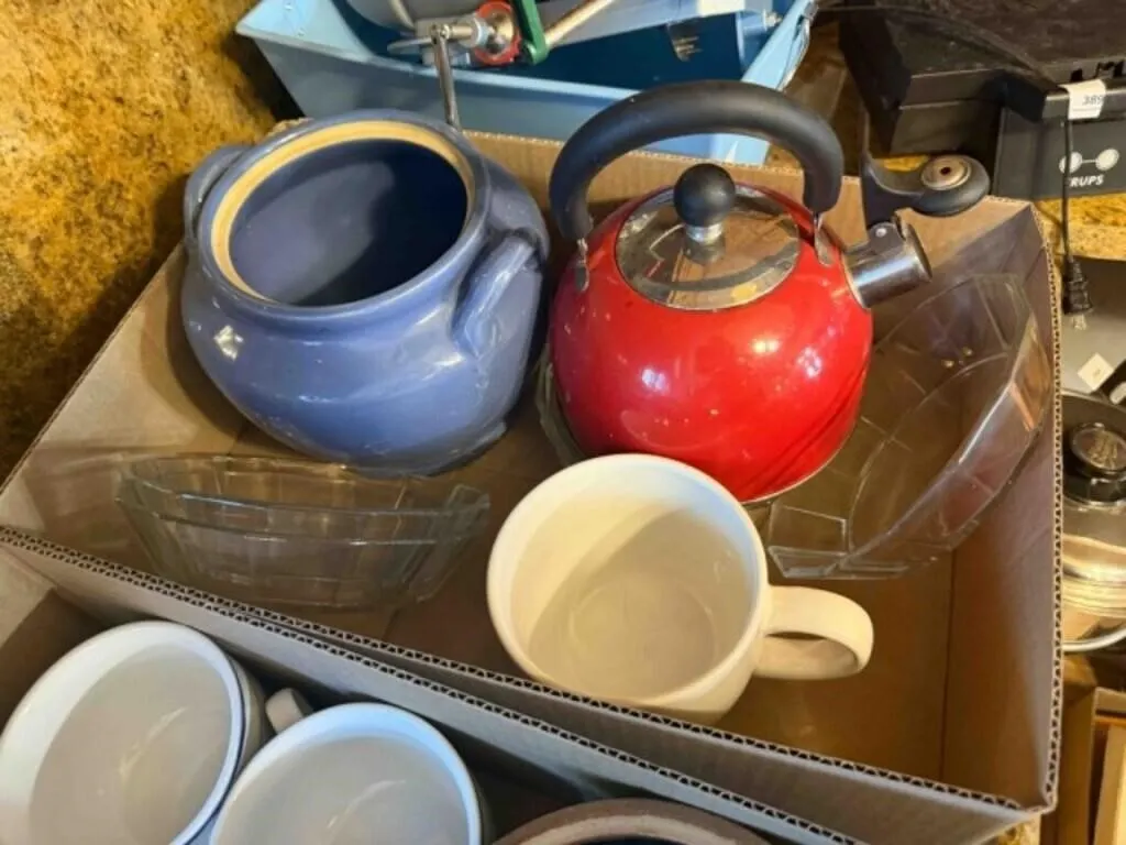 Clear Glass Bowls, JD Mug, Tea Kettle
