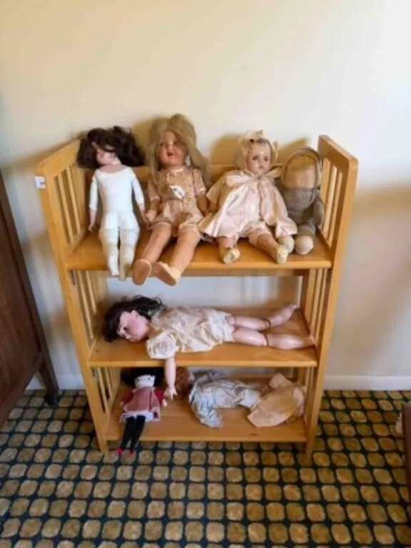 wood 3-tier shelf with vintage Toy Dolls;
