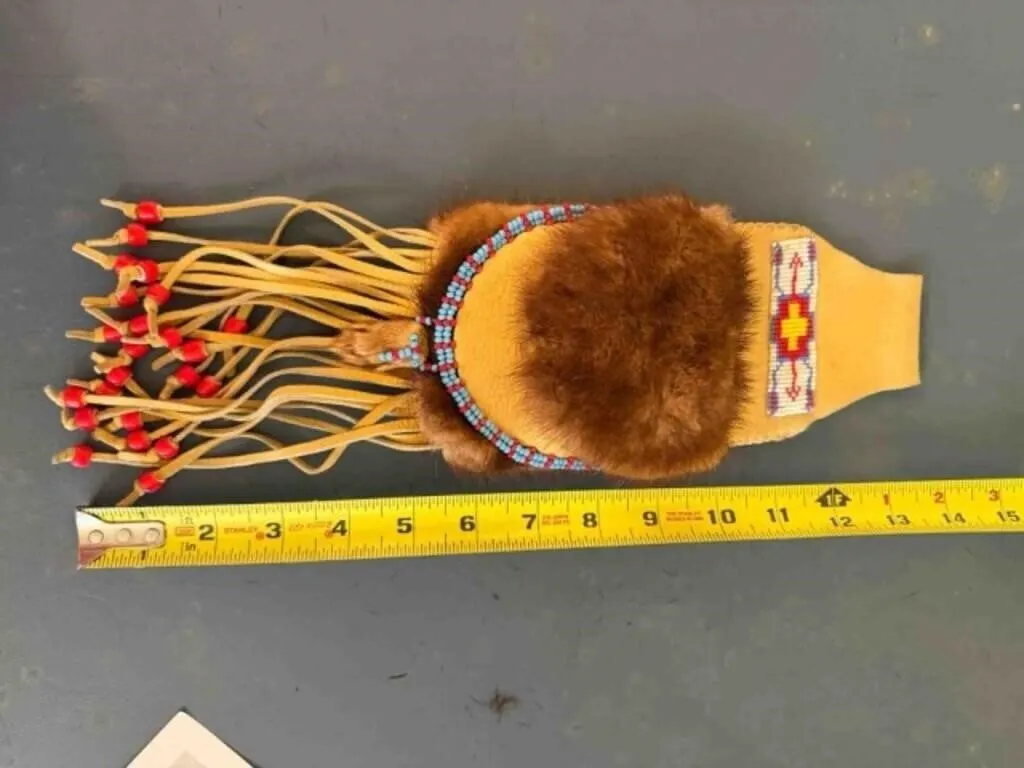 Handcrafted leath pouch with beadwork &