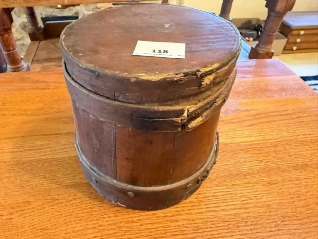 2-vintage wood Firkin (sugar bucket) 6.5" tall,