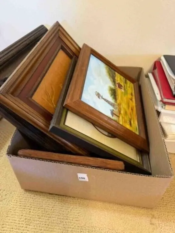 box of misc pictures/prints wit frames