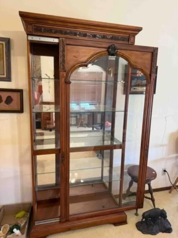 Walnut front sliding door glass lighted cabinet;