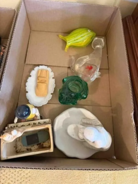 Box of Morano glass figurines, Van Briggle