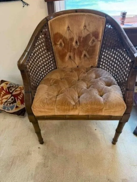 Vintage Fauz bamboo & woven cane barrel armchair