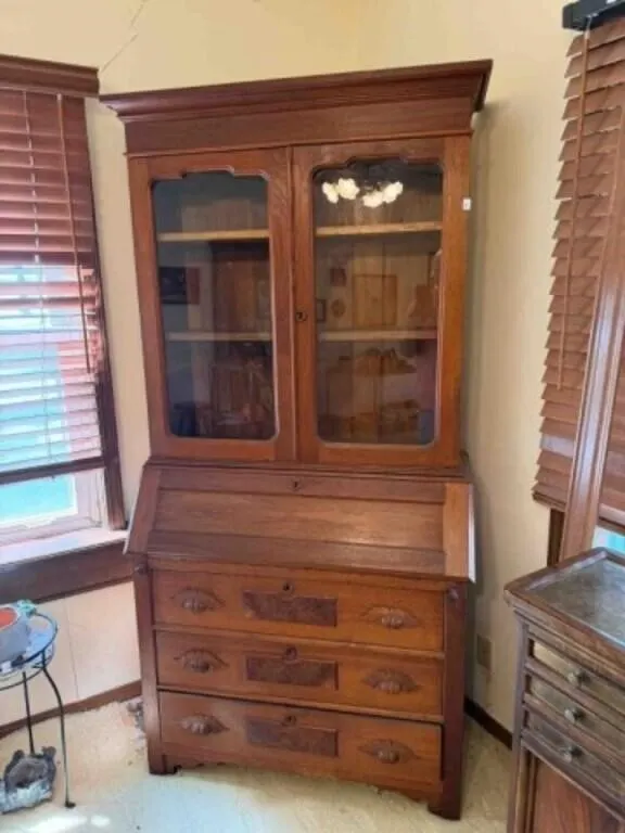 Victorian walnut drop front cabinet;