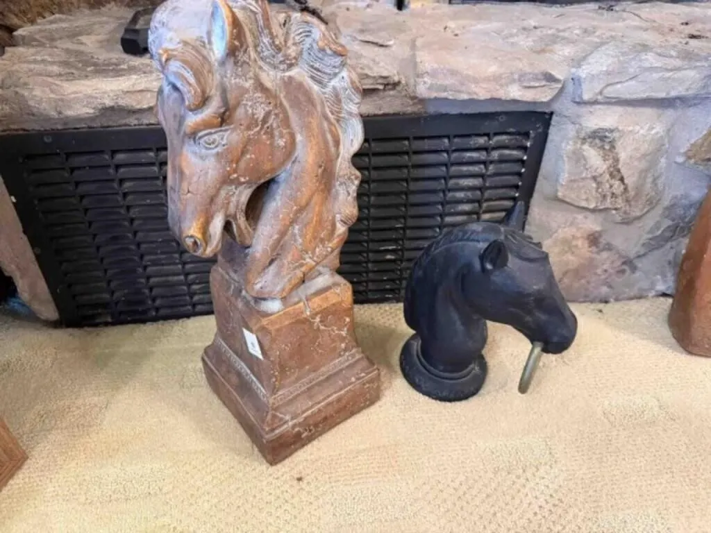 2-Horse head statues, small one is cast iron