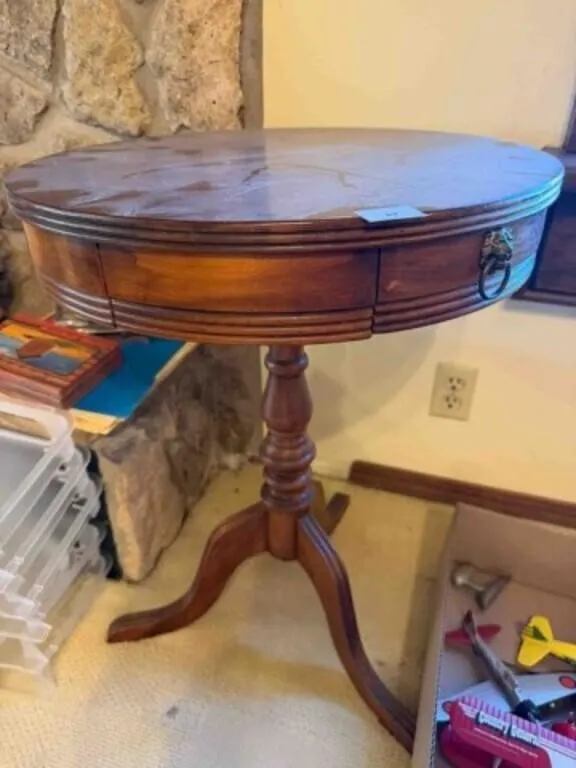 vintage drum table; 20" table top, 27" tall with