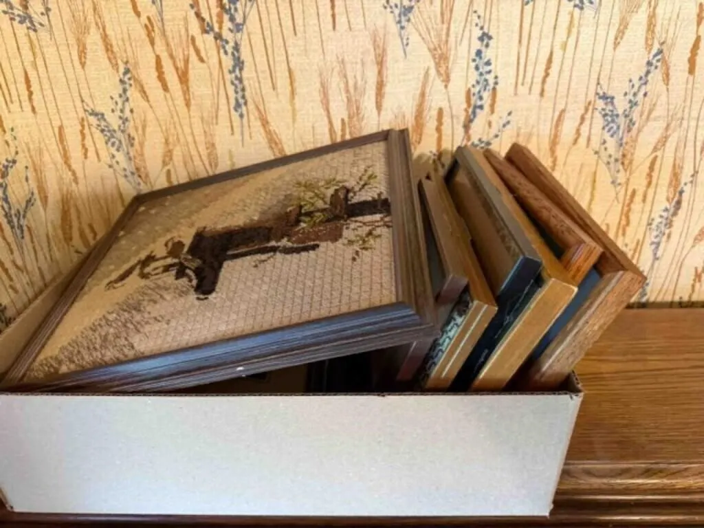 Box of misc. framed pictures, see pictures