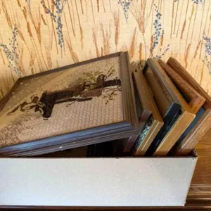 Box of misc. framed pictures, see pictures