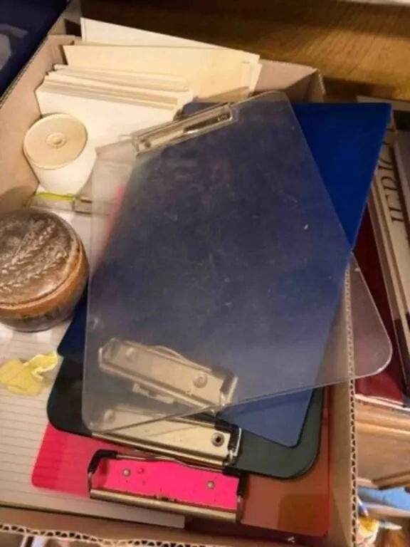 Box of clip boards, flash cards, etc