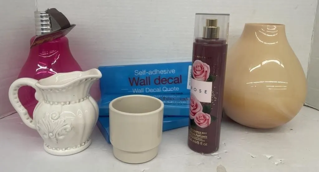 Home decor items. Includes wall decals, ceramic