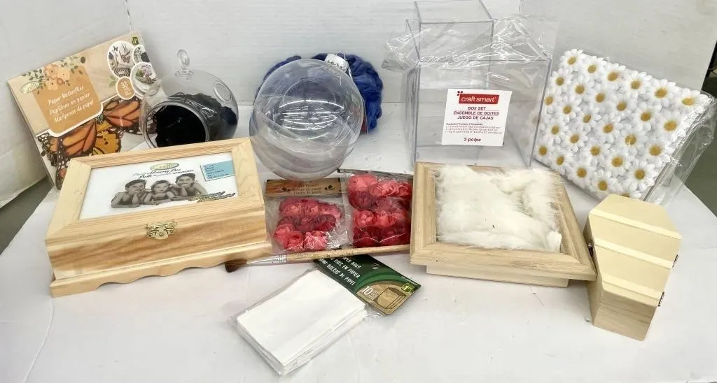 Craft items. Includes memory boxes, yarn, paper