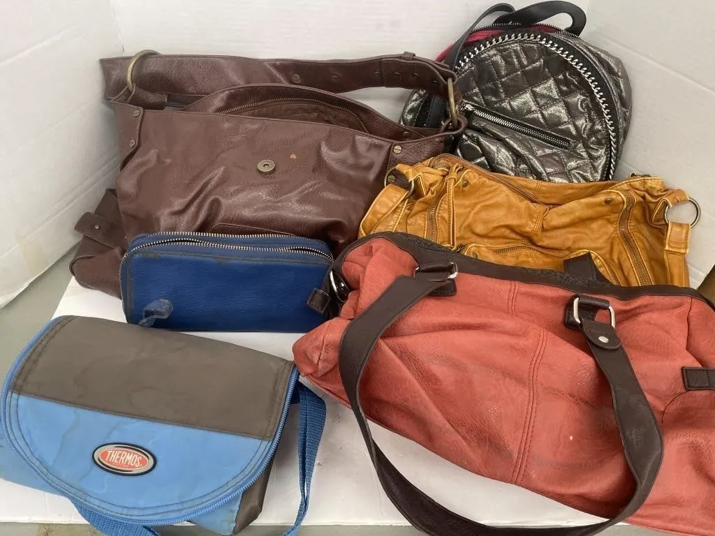 Assorted ladies� handbags, backpack, and a cooler