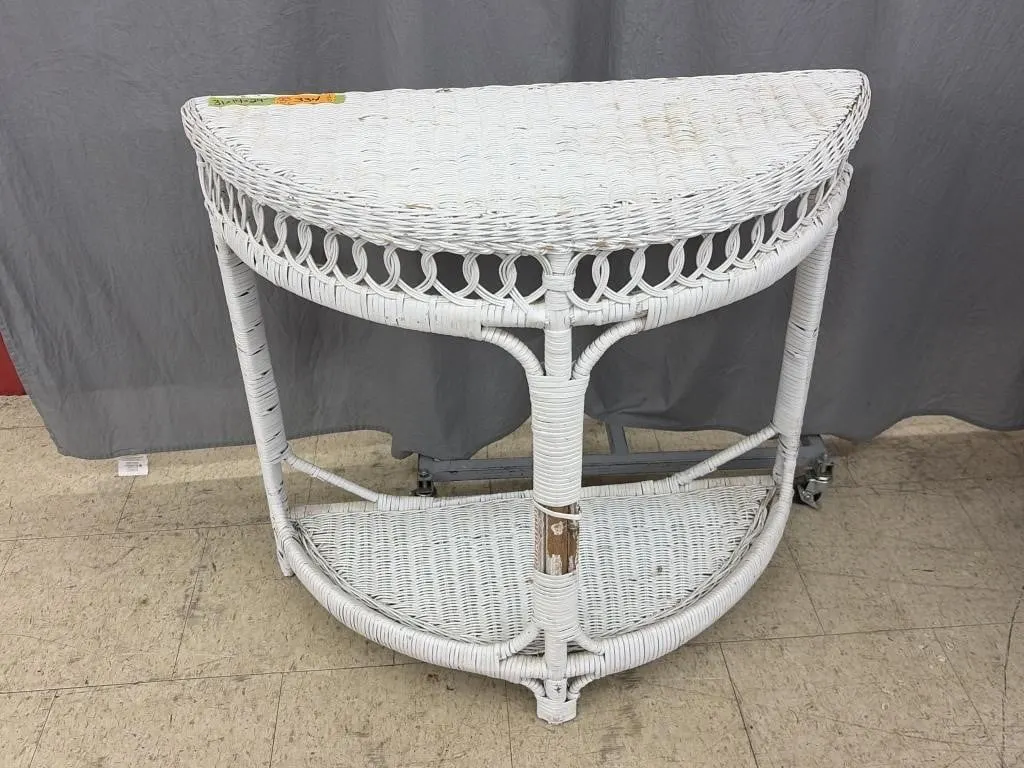 Vintage white wicker half-moon accent table