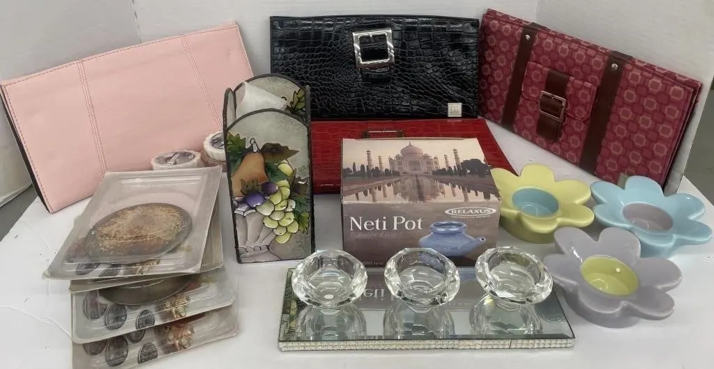 Assortment of ladies� handbags, a neti pot, Party