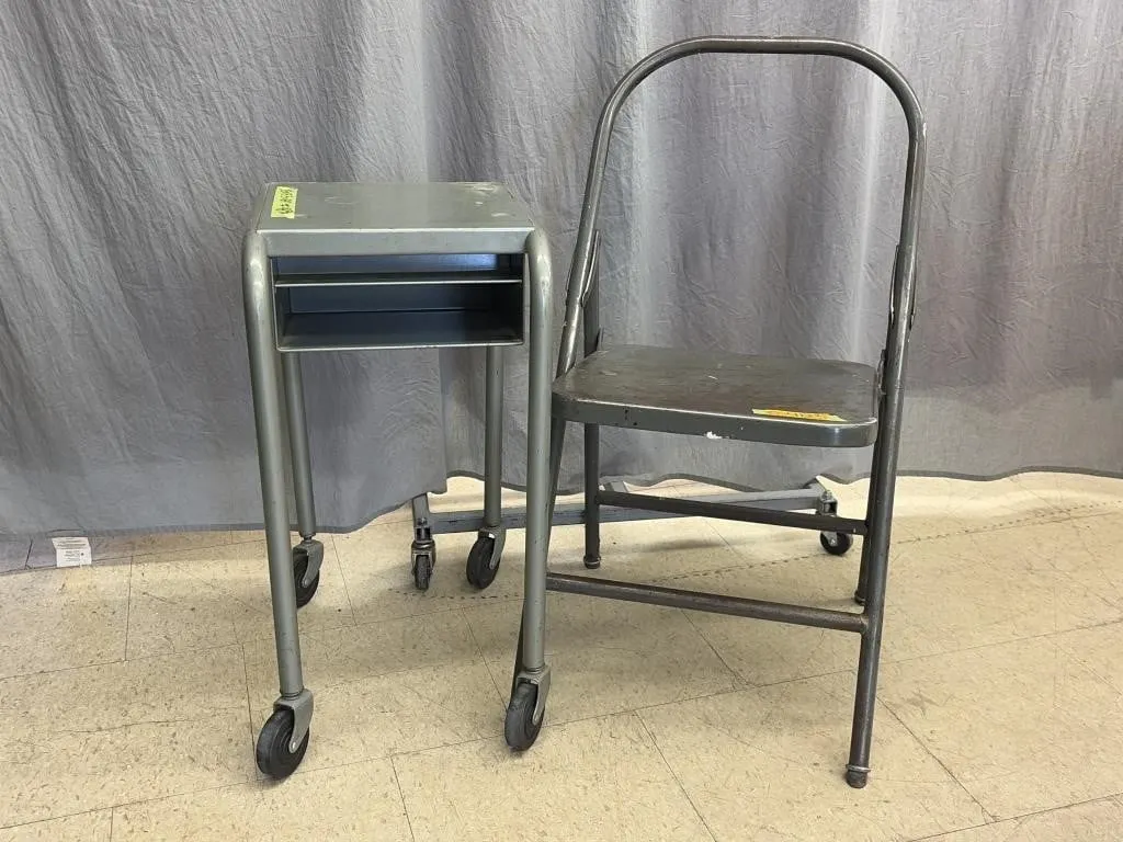 Vintage industrial steel rolling cart with