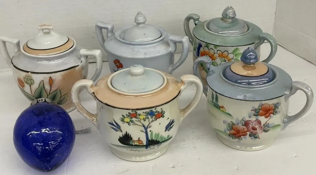 Five vintage Japanese lusterware porcelain lidded