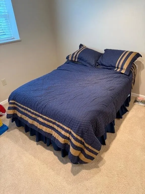 Full Bed Frame & Navy Bedding Set