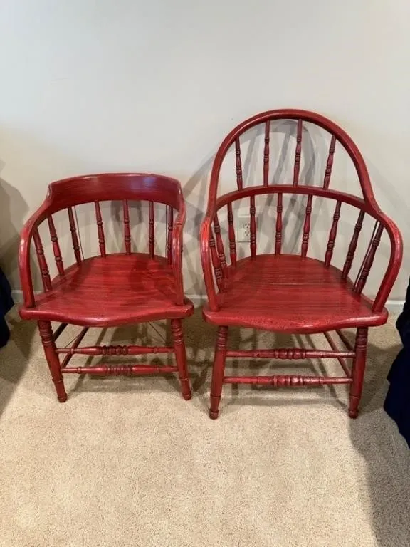 Pair Red Windsor-Style Spindle-Back Armchairs