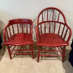 Pair Red Windsor-Style Spindle-Back Armchairs