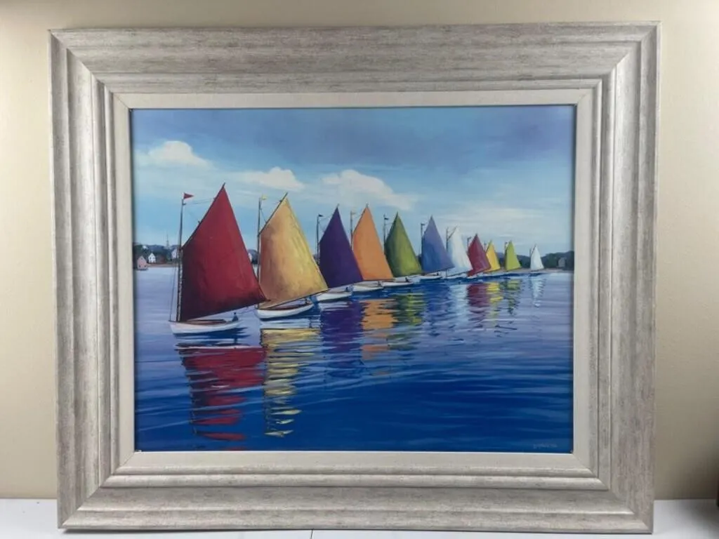 Framed Sailboat Regatta Painting 36 x 30in
