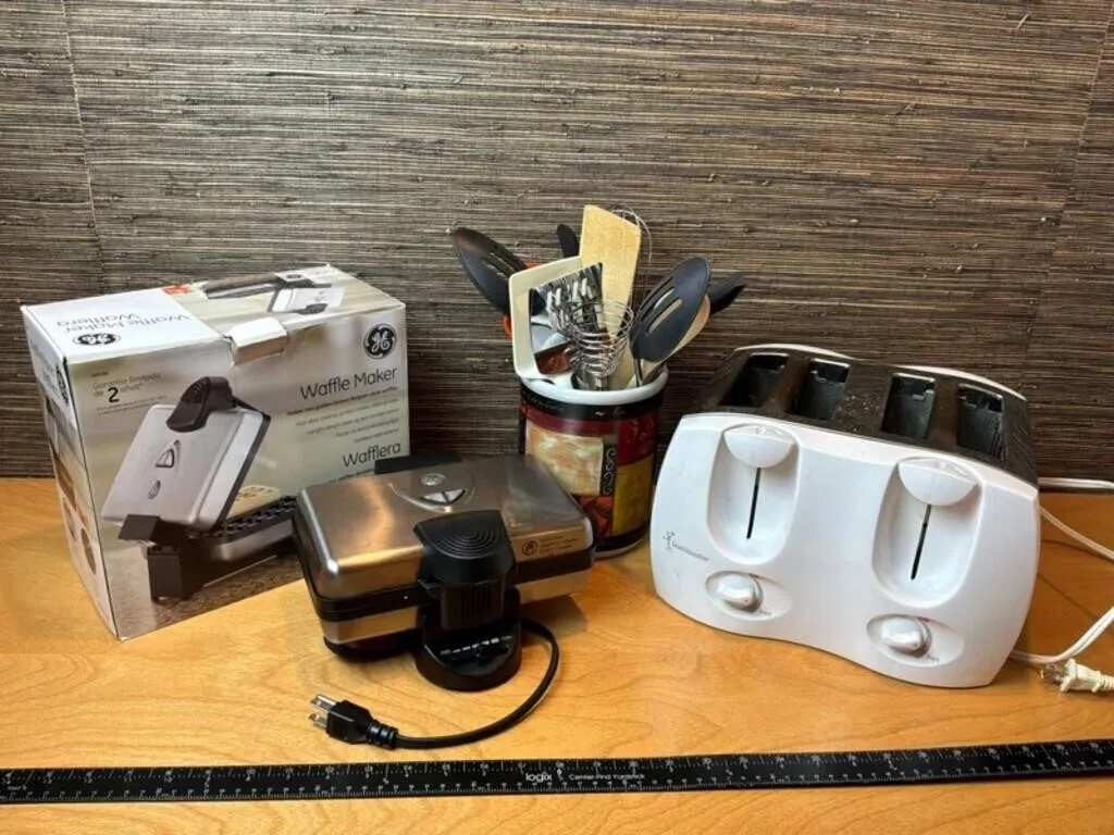 GE Waffle Maker, Toastmaster Toaster & Utensils