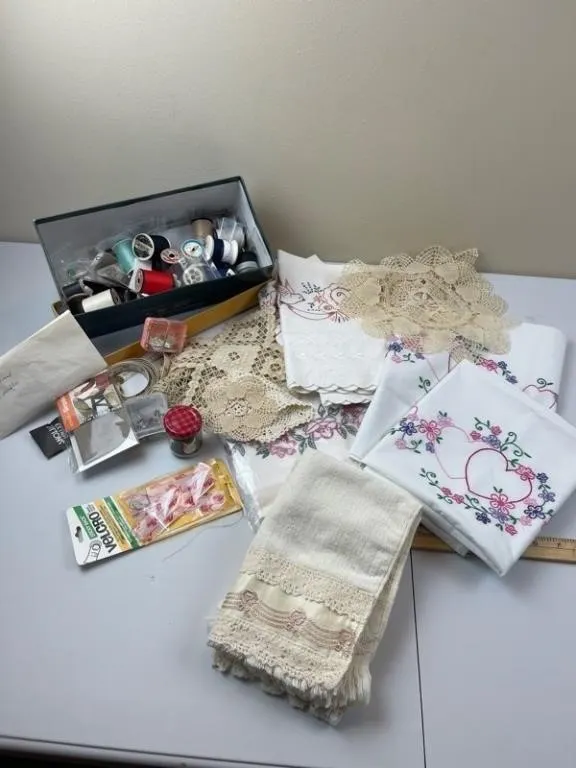 Mixed Lot Embroidered Linens, Lace & Sewing