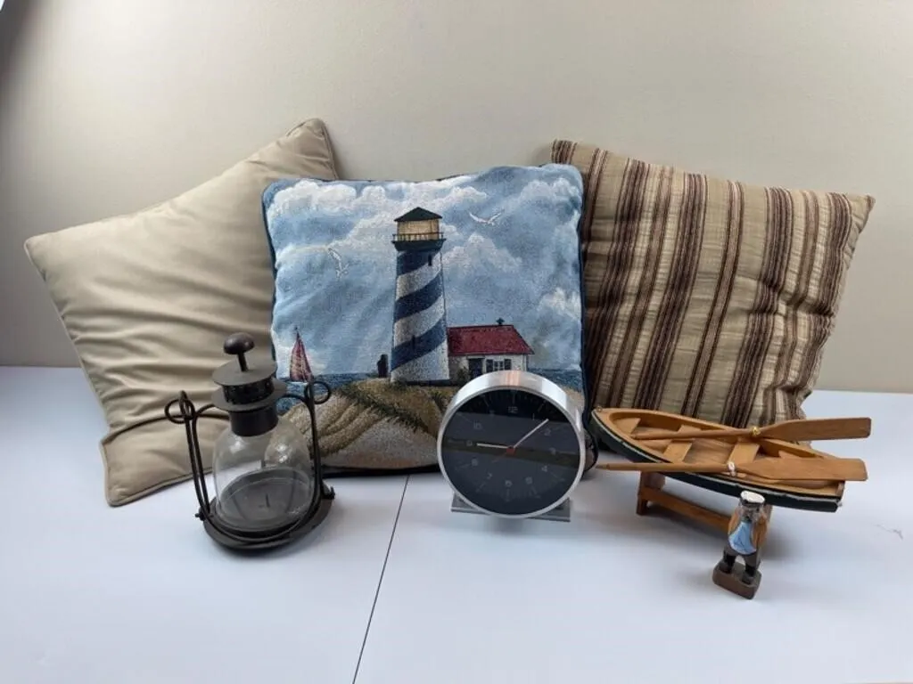 7pc Coastal Decor - Pillows, Clock & Boat