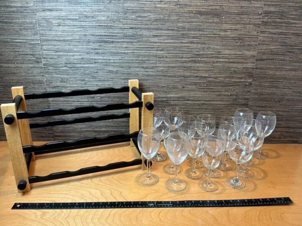 Wood & Metal Wine Rack w/ 20 Glasses