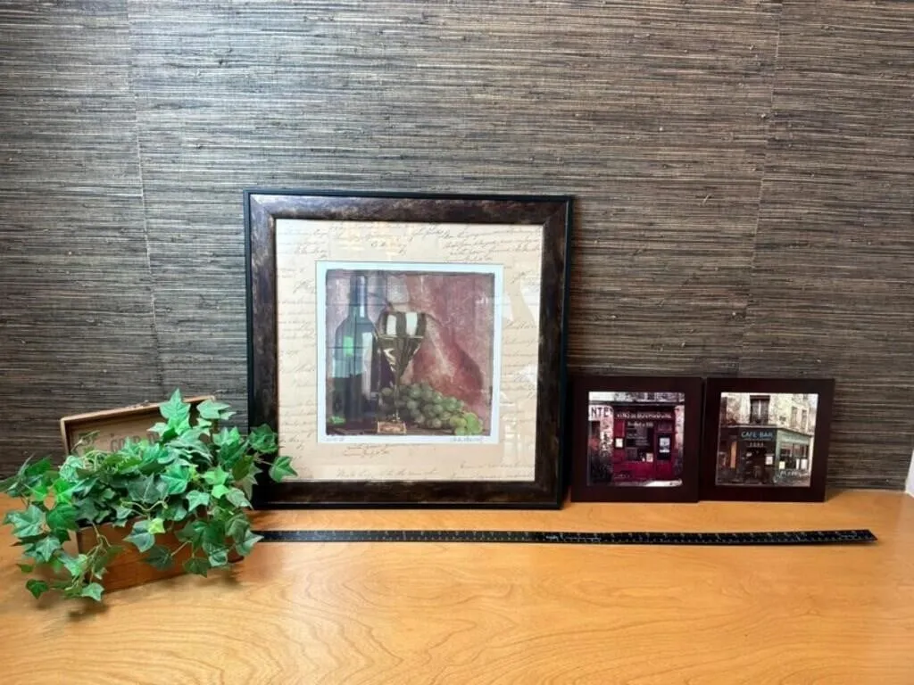 French Cafe Decor, Wine Art & Wood Box (Lot of 5)