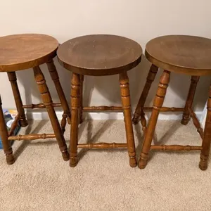 Wooden Spindle-Leg Stools, 3pc Set