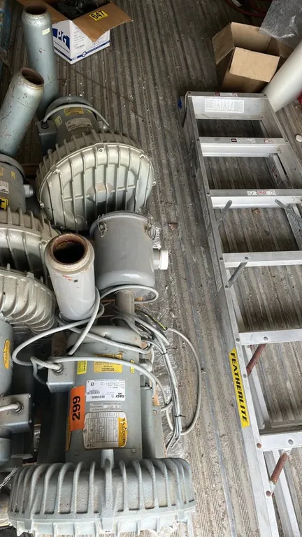OFFSITE - 2 GAST Regenerative blowers. 2.5 hp, 2850 RPM, 3 phase, 190-220/380-415 Volts. In working condition. 1 has an intake and both have Mufflers.