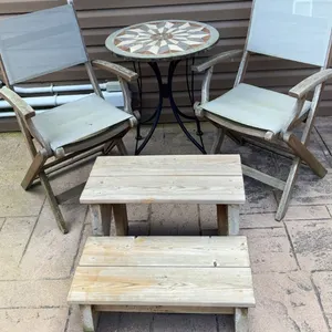 Outdoor Patio Set with Two Folding Chairs, Mosaic Bistro Table, and Wooden Step Stool