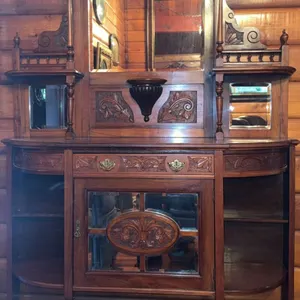 Carved Wood Sideboard with Mirror, Shelves and Ornamental Details