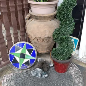 Outdoor Decor Lot: Two Planters, Topiary, Mosaic Accent, Doormat and Hedgehog Figurine