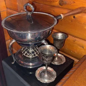 Silverplate Fondue Set with Stand, Two Goblets, and Coasters