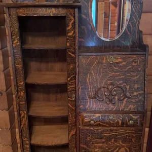 Tigerwood Cabinet with Mirrored Back, Drop-Front Desk, and Missing Glass to kk