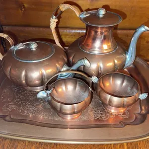 Copper Teapot, Coffee Pot, Creamer, Sugar Bowl, and Handled Tray Set
