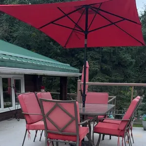 Six Chair Red Patio Dinette Set with Glass Table and Umbrella