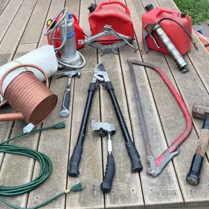 Hand Tools, Gas Cans, Watering Can, and Extension Cord