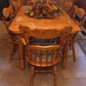Wood Dining Table with Two Leafs and Eight Carved Chairs