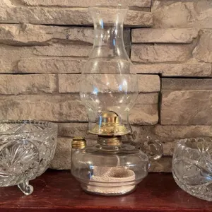 Glass Oil Lamp with Brass Burner and Two Cut Glass Bowls