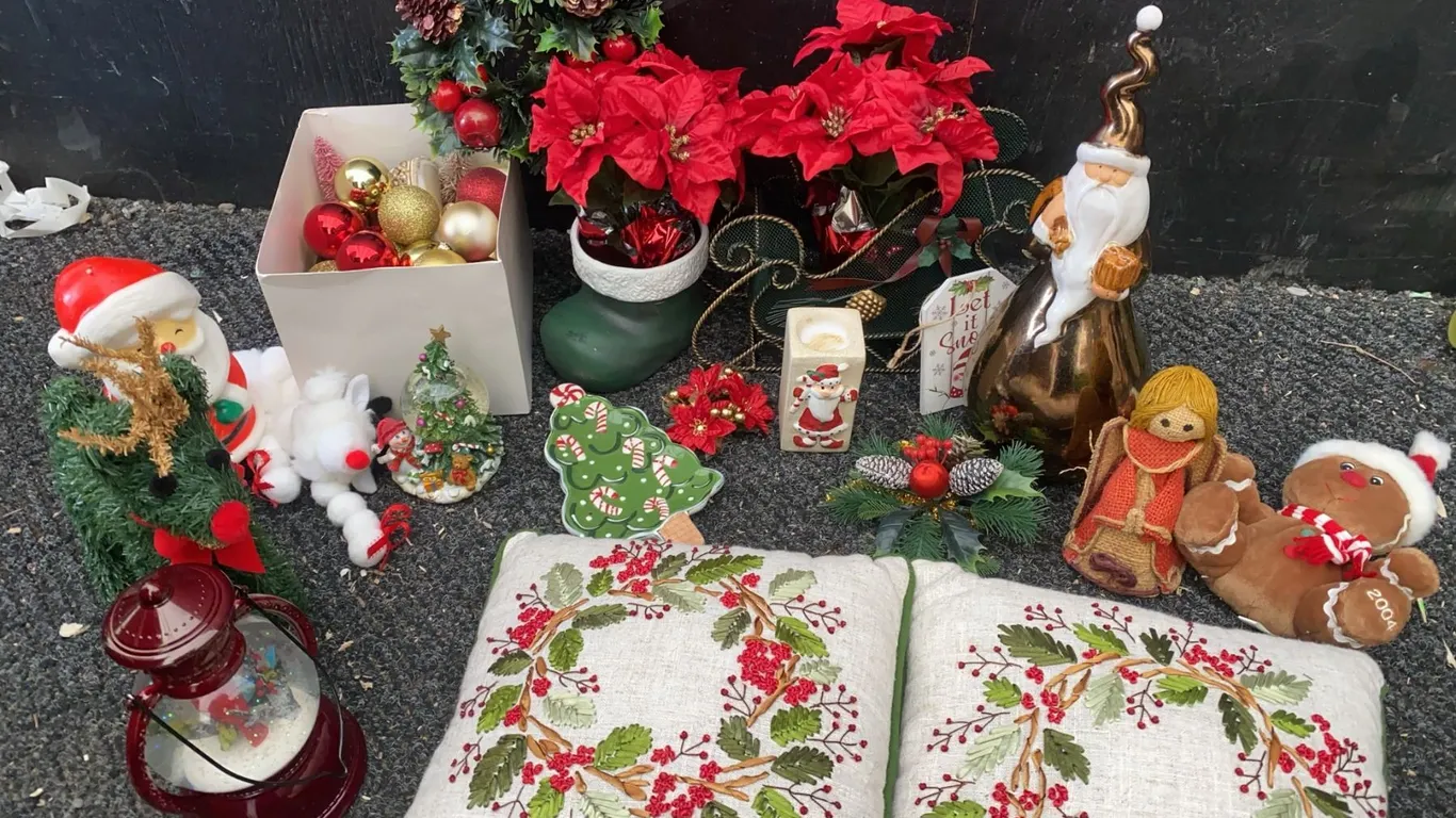 Christmas Decorations Lot With Figurines, Ornaments, and Cushions
