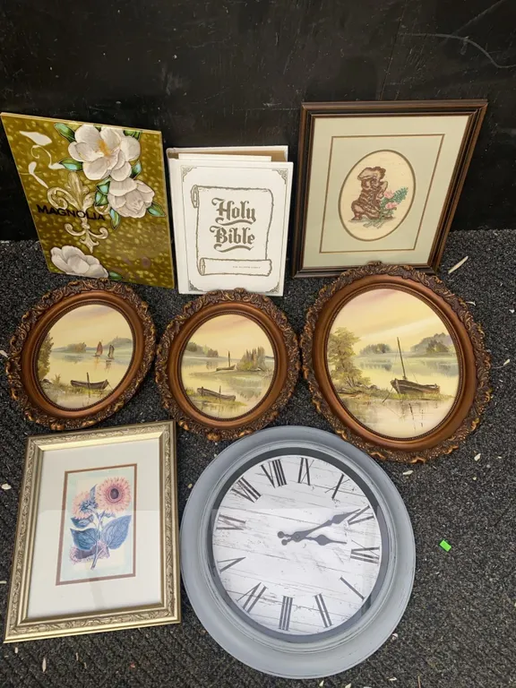 Framed Art, Wall Clock, Holy Bible, and Magnolia Plaque