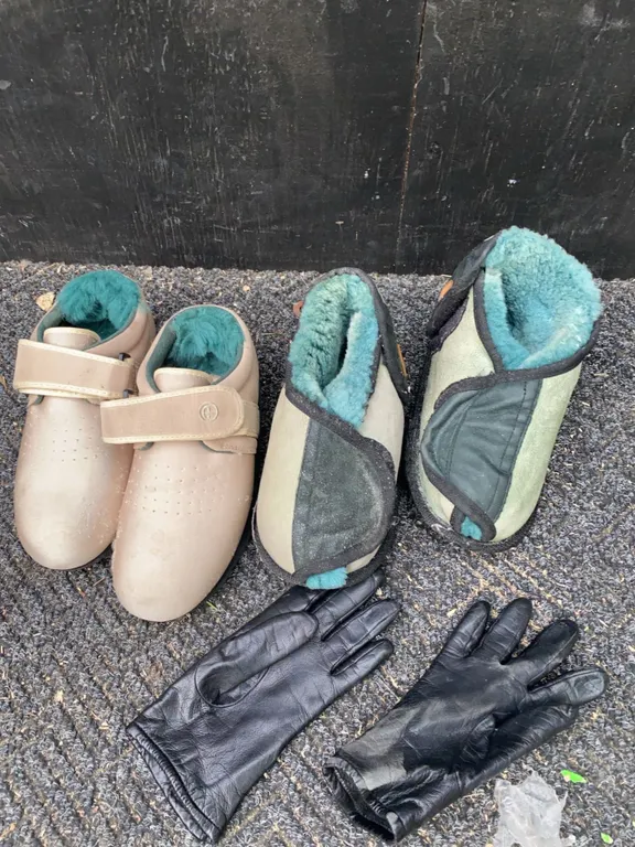 Pedors Shoes, Shearling Slippers, and Leather Gloves Lot