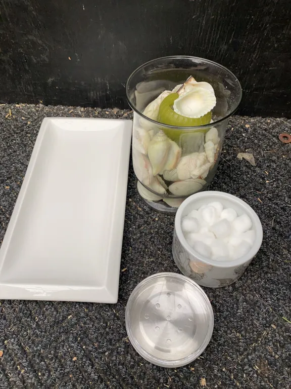 Decor Set: Stokes Porcelain Tray, Glass Vase with Shells, Decorative Canister