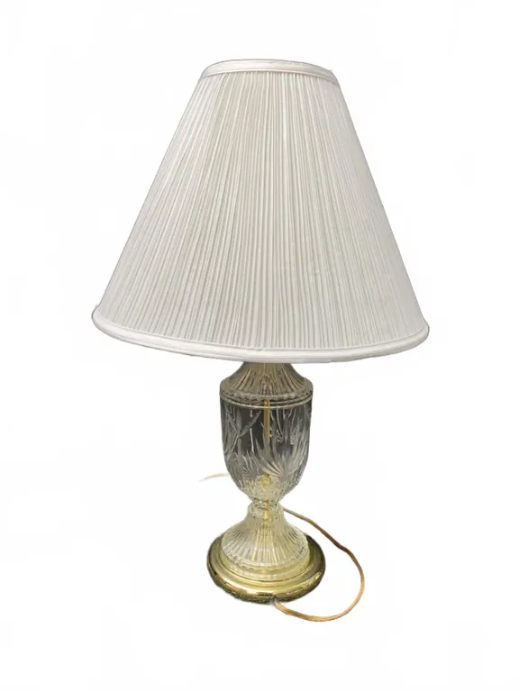 Cut Glass Table Lamp with Brass Base and Pleated Fabric Shade