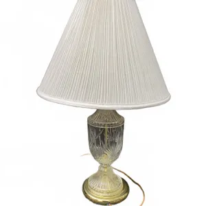 Cut Glass Table Lamp with Brass Base and Pleated Fabric Shade