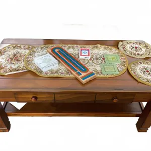 Wood Coffee Table With Drawer, Cribbage Board, Cards, Doilies, and Coasters